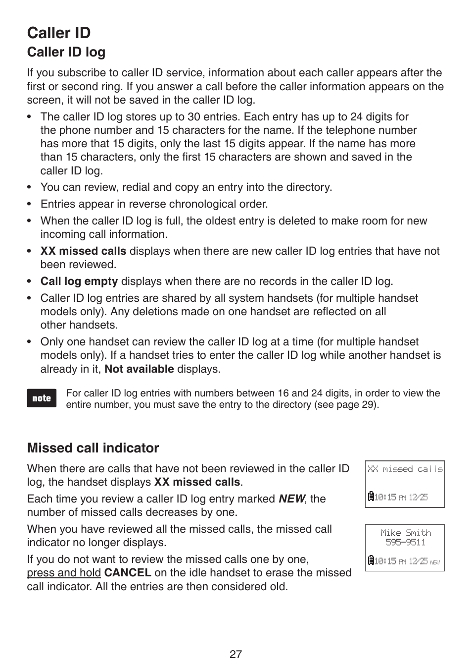 Caller id log, Missed call indicator, Caller id log missed call indicator | Caller id | VTech CS6124_-2-31 (without CHARGE LED) Manual User Manual | Page 31 / 71