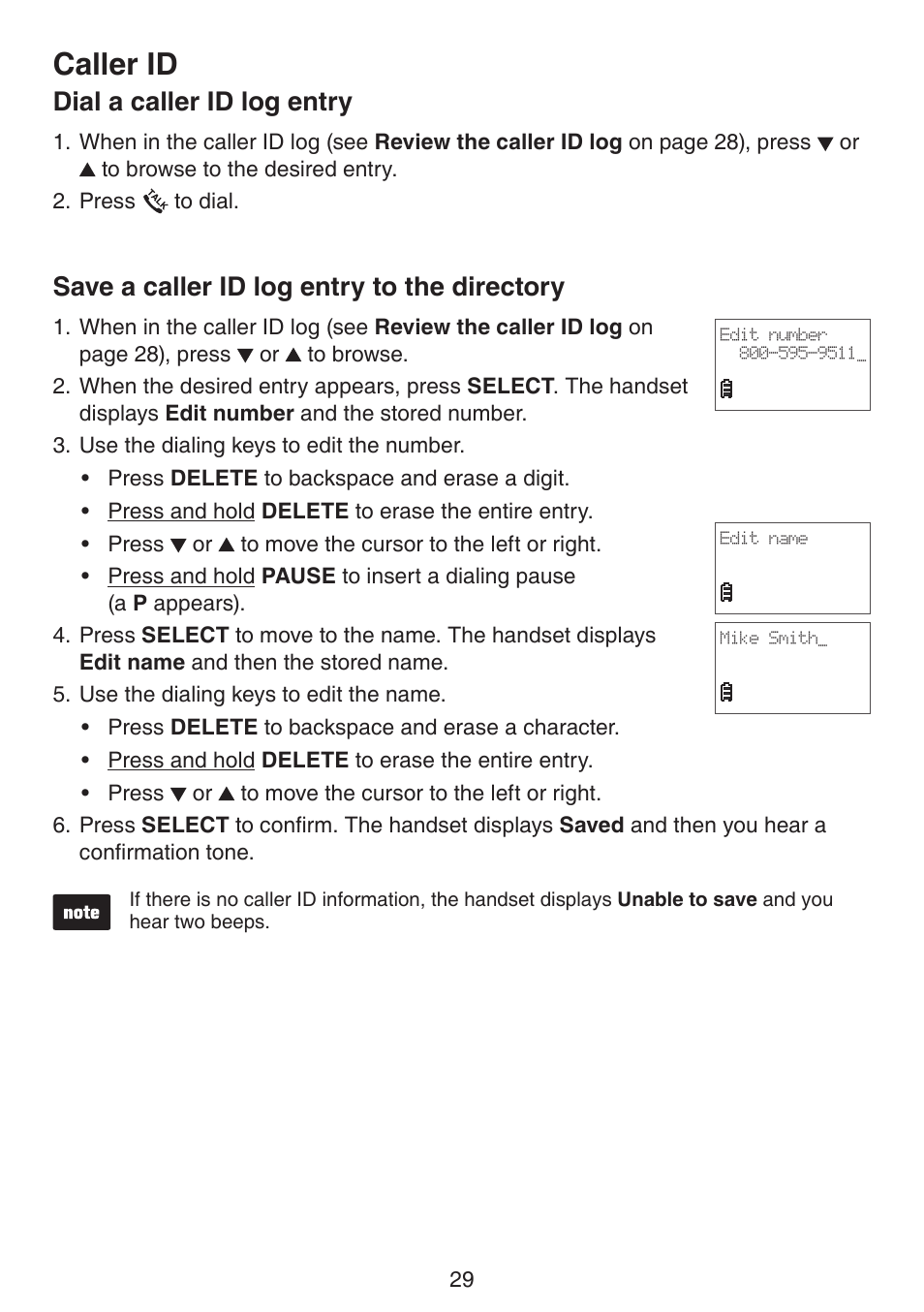 Dial a caller id log entry, Save a caller id log entry to the directory, Directory | Caller id | VTech CS6124_-2-31 (without CHARGE LED) Manual User Manual | Page 33 / 71