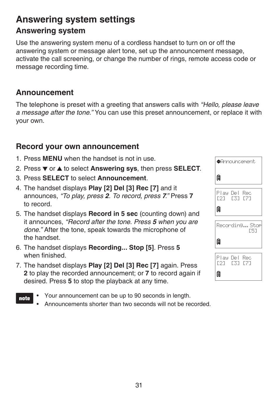 Answering system, Announcement, Record your own announcement | Answering system settings | VTech CS6124_-2-31 (without CHARGE LED) Manual User Manual | Page 35 / 71