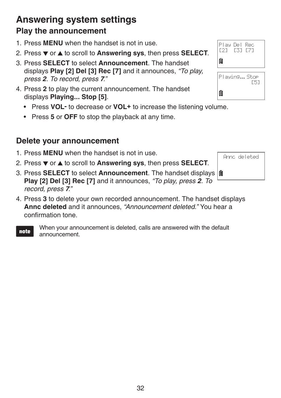Play the announcement, Delete your announcement, Play the announcement delete your announcement | Answering system settings | VTech CS6124_-2-31 (without CHARGE LED) Manual User Manual | Page 36 / 71