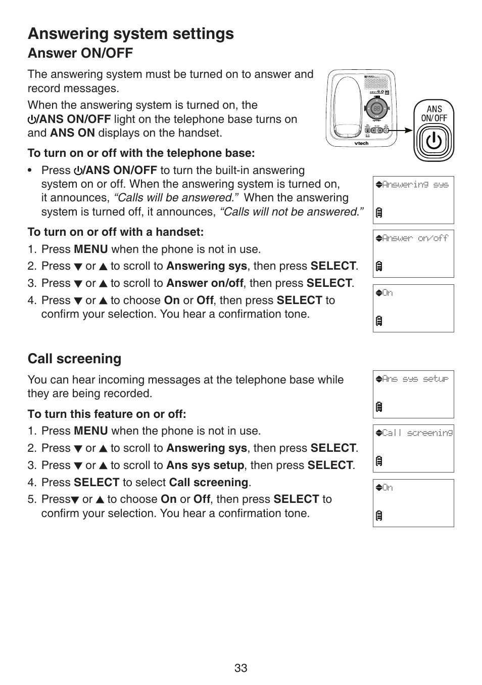 Answer on/off, Call screening, Answer on/off call screening | Answering system settings | VTech CS6124_-2-31 (without CHARGE LED) Manual User Manual | Page 37 / 71