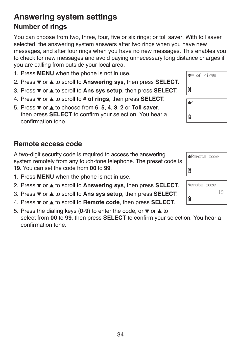 Number of rings, Remote access code, Number of rings remote access code | Answering system settings | VTech CS6124_-2-31 (without CHARGE LED) Manual User Manual | Page 38 / 71