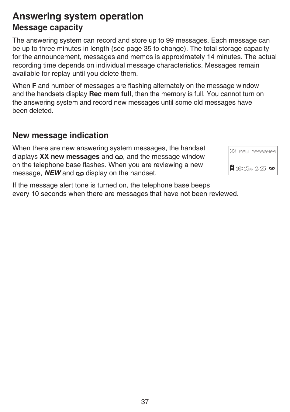 Answering system operation, Message capacity, New message indication | VTech CS6124_-2-31 (without CHARGE LED) Manual User Manual | Page 41 / 71