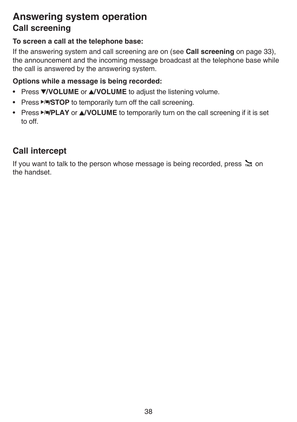 Answering system operation, Call screening, Call intercept | VTech CS6124_-2-31 (without CHARGE LED) Manual User Manual | Page 42 / 71