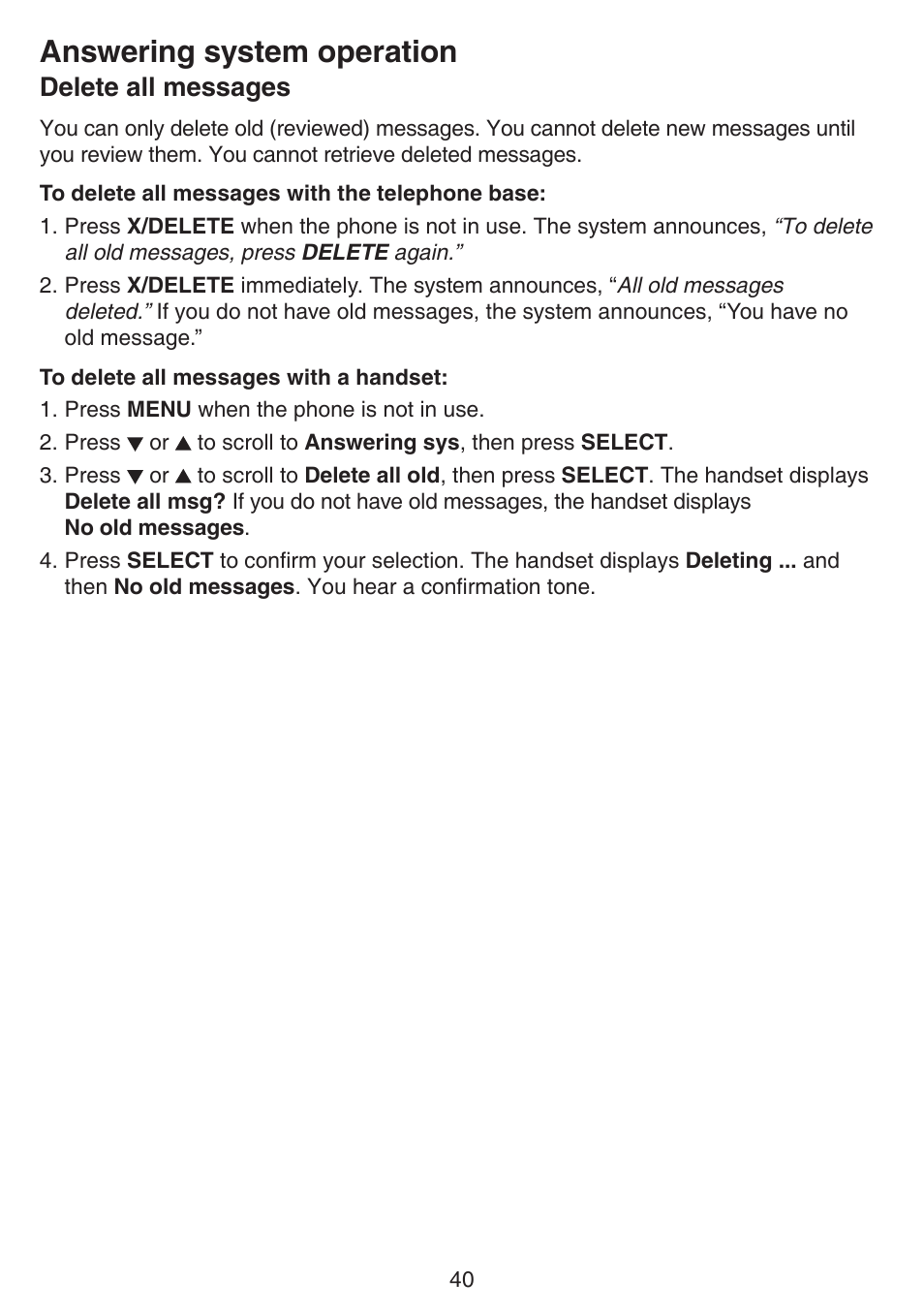 Answering system operation, Delete all messages | VTech CS6124_-2-31 (without CHARGE LED) Manual User Manual | Page 44 / 71
