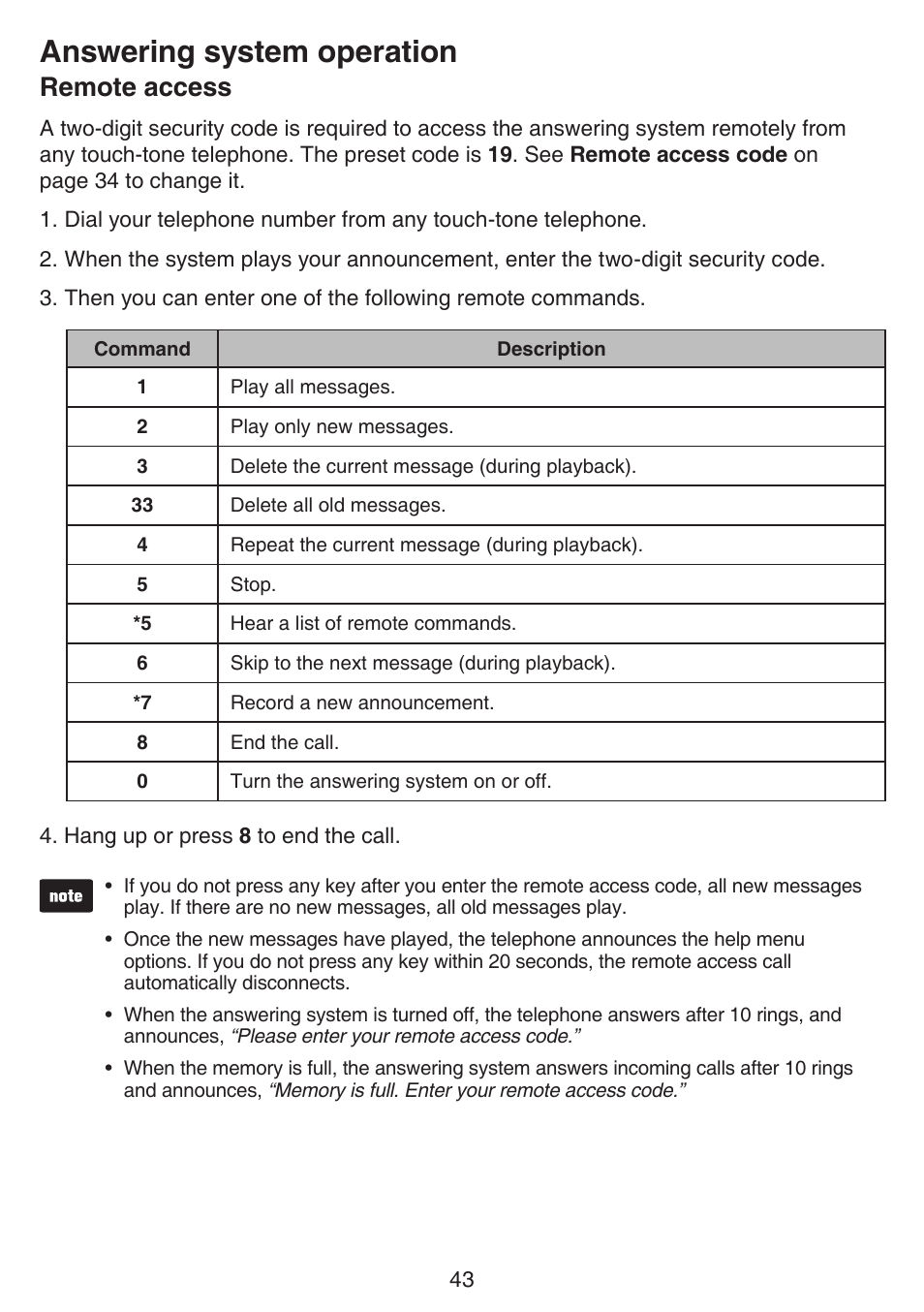 Answering system operation, Remote access | VTech CS6124_-2-31 (without CHARGE LED) Manual User Manual | Page 47 / 71