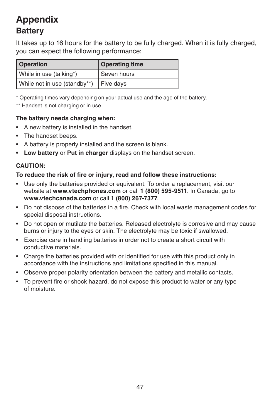 Battery, Appendix | VTech CS6124_-2-31 (without CHARGE LED) Manual User Manual | Page 51 / 71