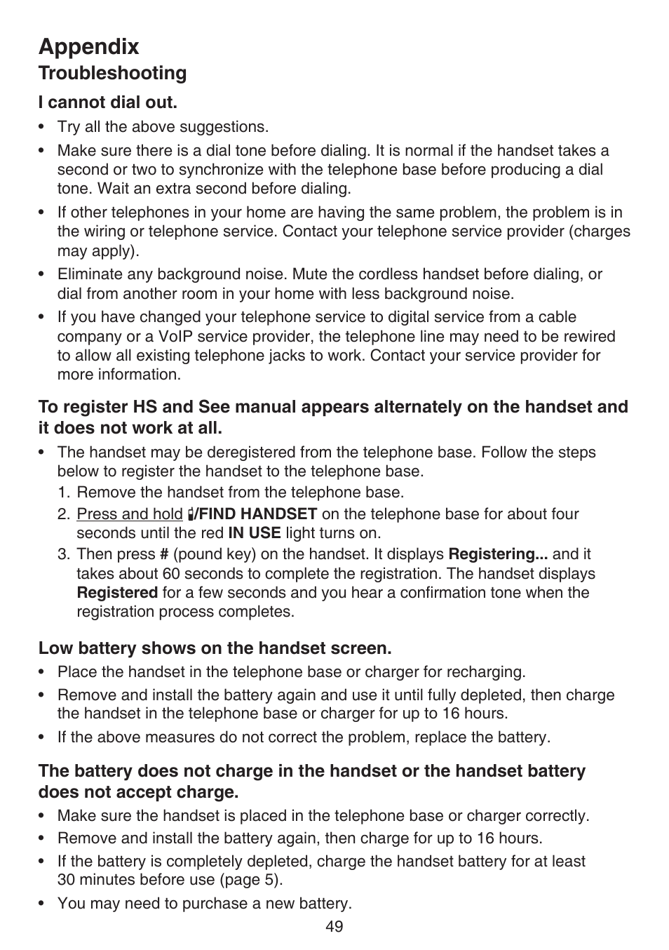 Appendix, Troubleshooting | VTech CS6124_-2-31 (without CHARGE LED) Manual User Manual | Page 53 / 71