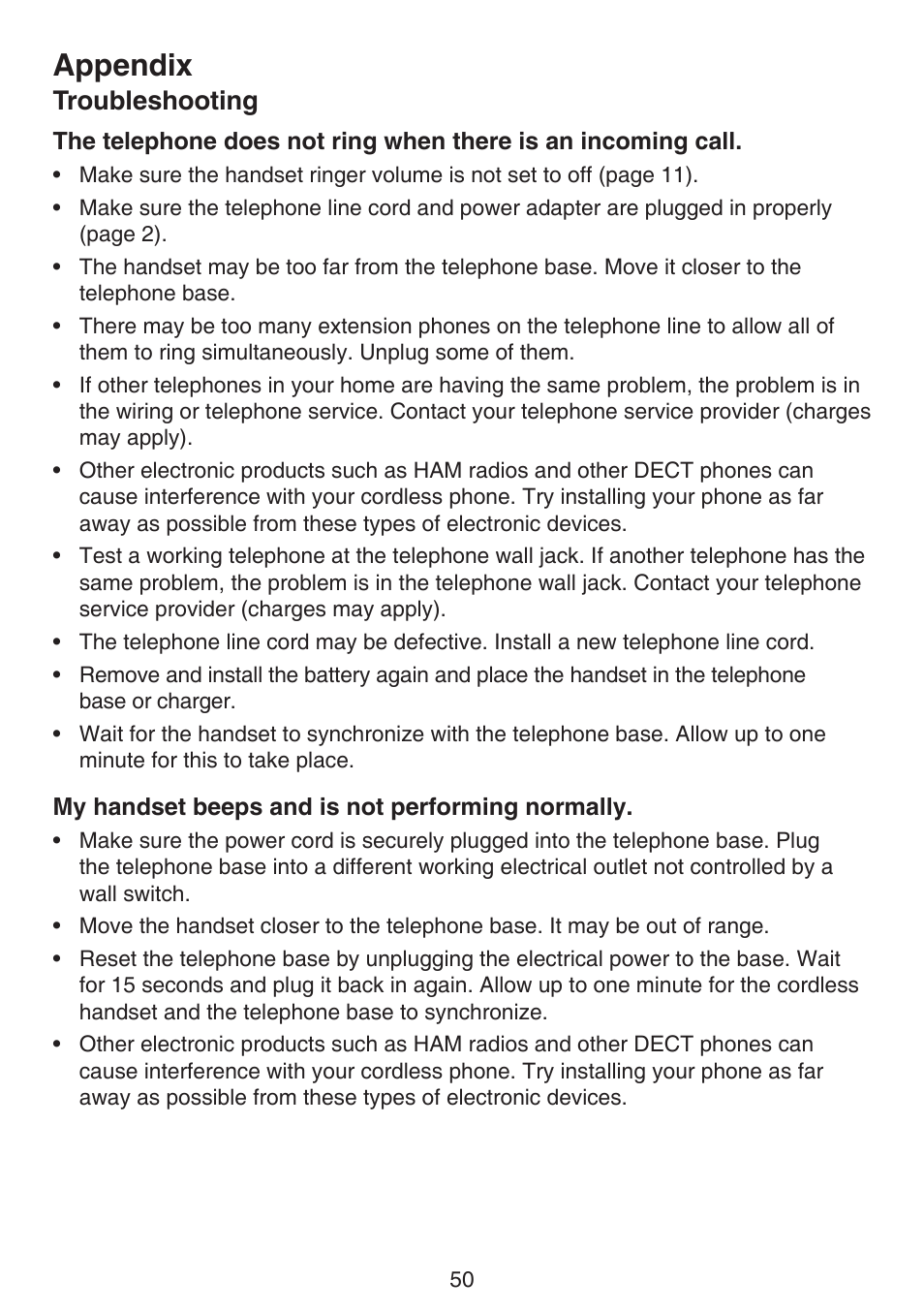 Appendix, Troubleshooting | VTech CS6124_-2-31 (without CHARGE LED) Manual User Manual | Page 54 / 71