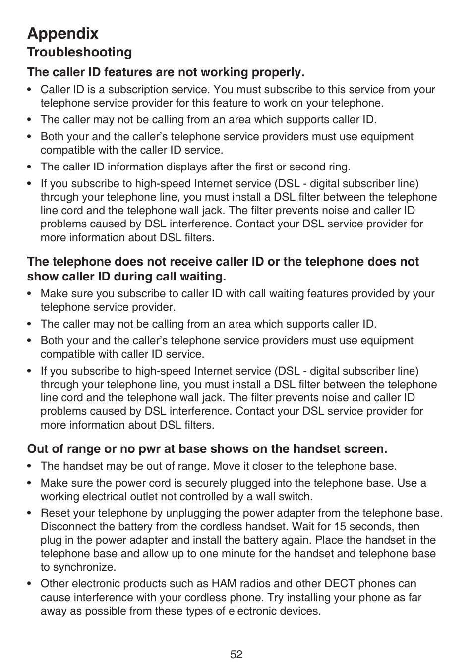 Appendix, Troubleshooting | VTech CS6124_-2-31 (without CHARGE LED) Manual User Manual | Page 56 / 71