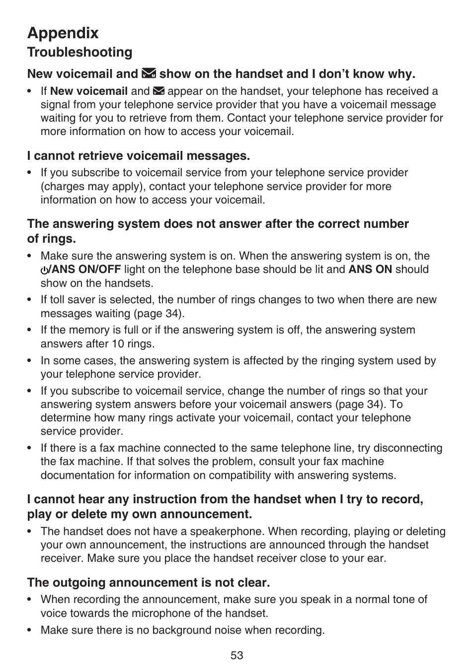 Appendix, Troubleshooting | VTech CS6124_-2-31 (without CHARGE LED) Manual User Manual | Page 57 / 71