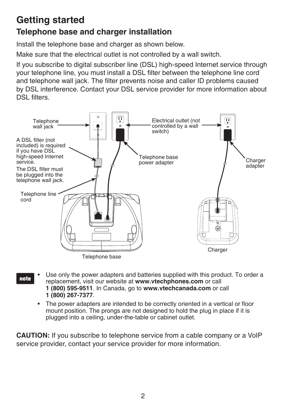 Telephone base and charger installation, Telephone base and charger, Installation | Getting started | VTech CS6124_-2-31 (without CHARGE LED) Manual User Manual | Page 6 / 71