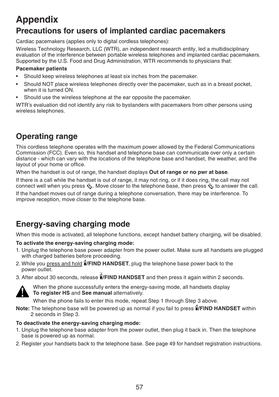 Operating range, Energy-saving charging mode, Precautions for users of implanted | Cardiac pacemakers, Operating range energy-saving charging mode, Appendix | VTech CS6124_-2-31 (without CHARGE LED) Manual User Manual | Page 61 / 71