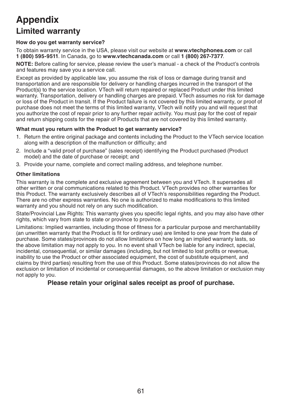 Appendix, Limited warranty | VTech CS6124_-2-31 (without CHARGE LED) Manual User Manual | Page 65 / 71