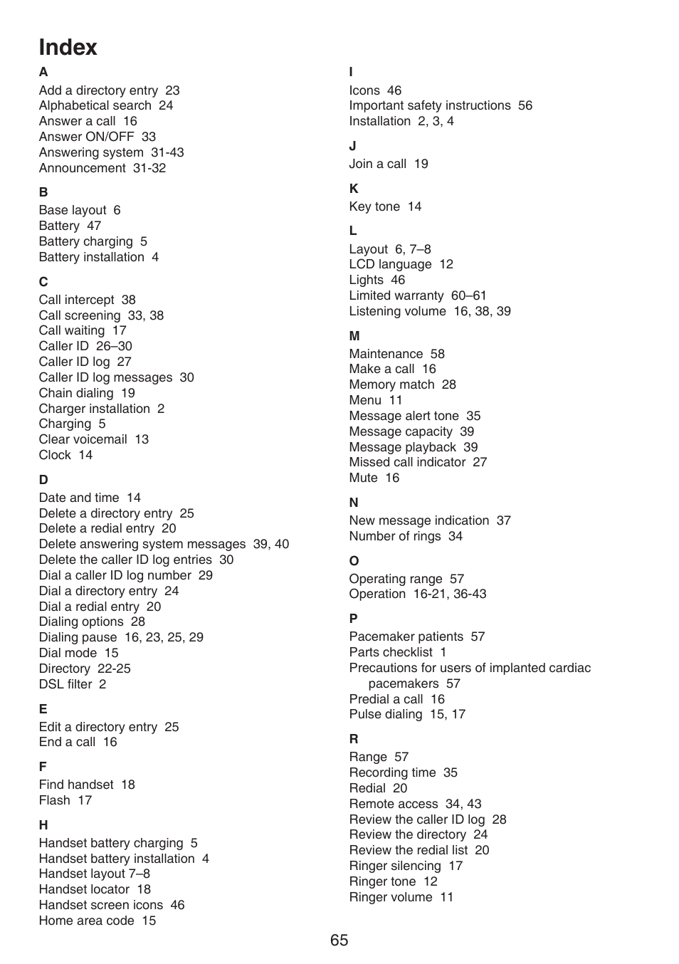 Index | VTech CS6124_-2-31 (without CHARGE LED) Manual User Manual | Page 69 / 71
