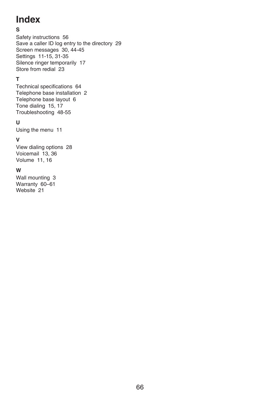 Index | VTech CS6124_-2-31 (without CHARGE LED) Manual User Manual | Page 70 / 71