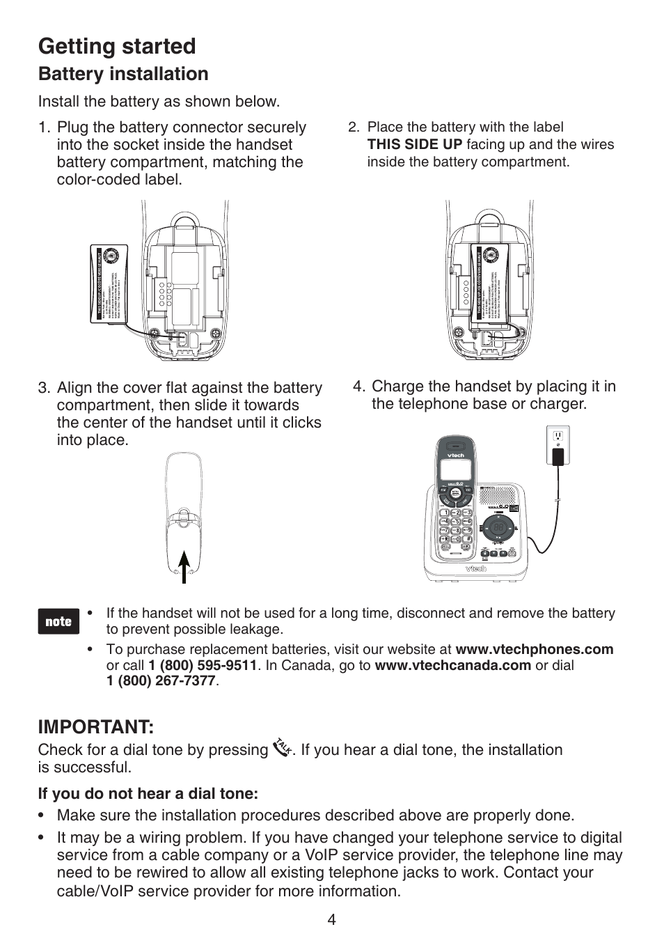 Battery installation, Getting started, Important | VTech CS6124_-2-31 (without CHARGE LED) Manual User Manual | Page 8 / 71