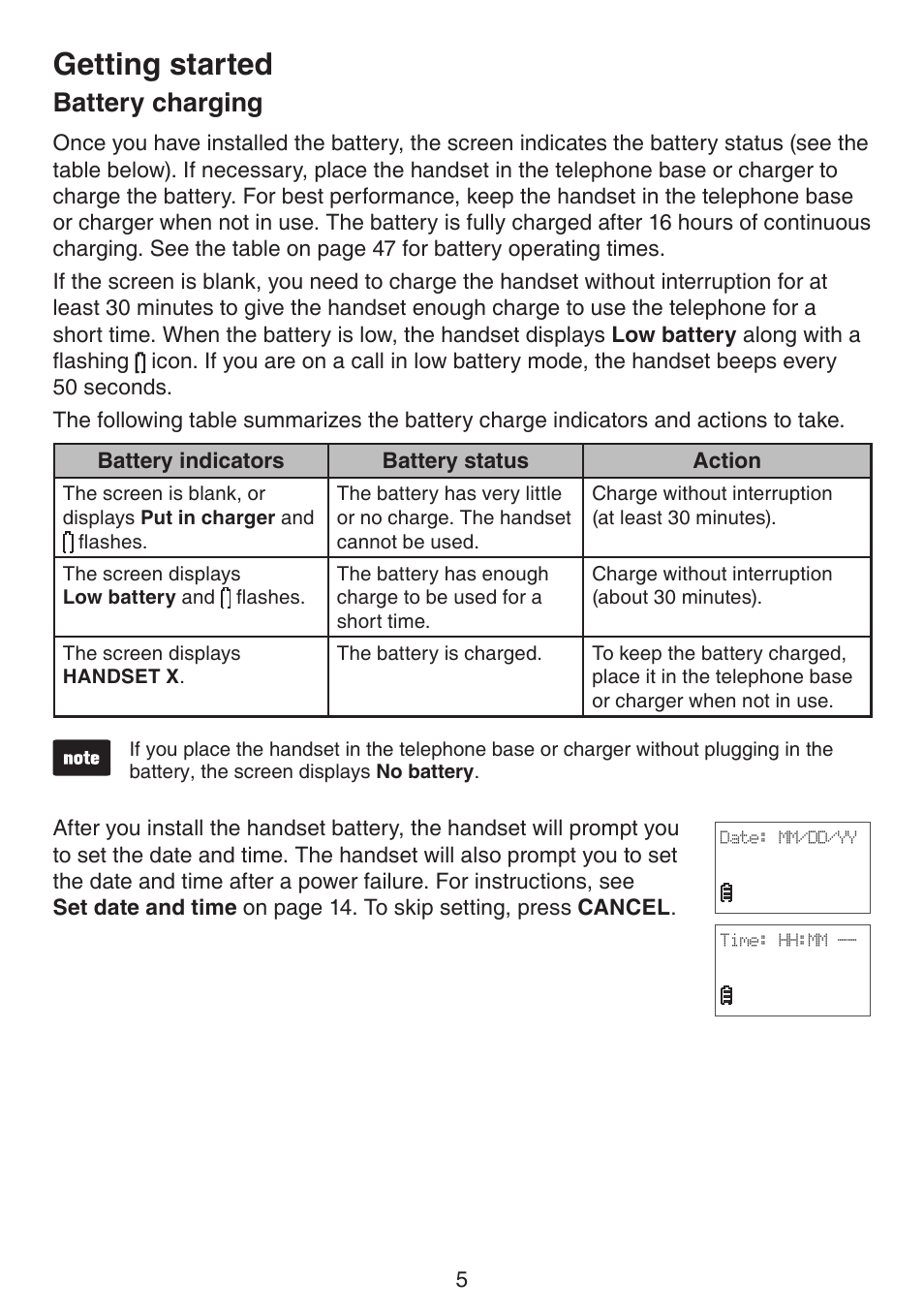 Battery charging, Getting started | VTech CS6124_-2-31 (without CHARGE LED) Manual User Manual | Page 9 / 71