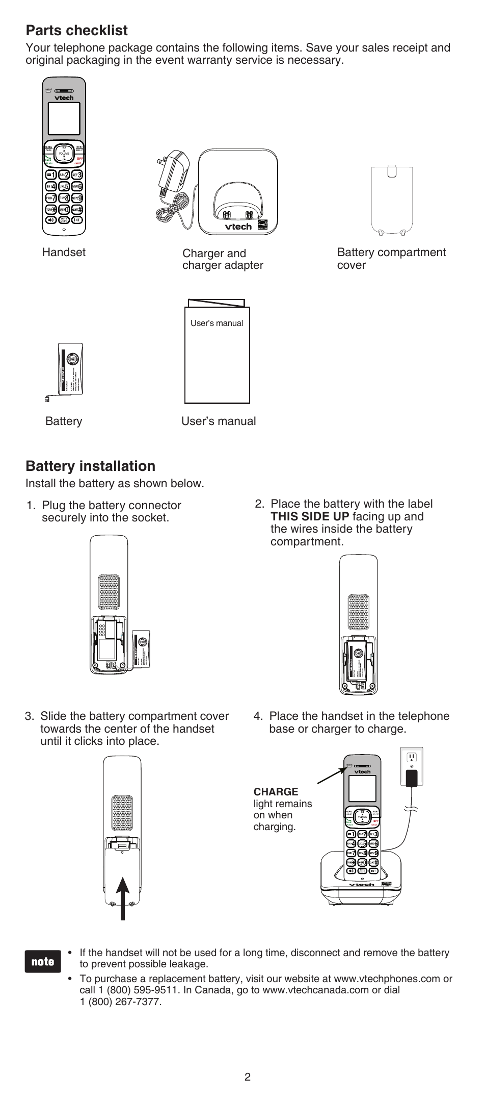 Battery installation, Parts checklist | VTech CS6509_-14-15-16-17-19 Manual User Manual | Page 2 / 8