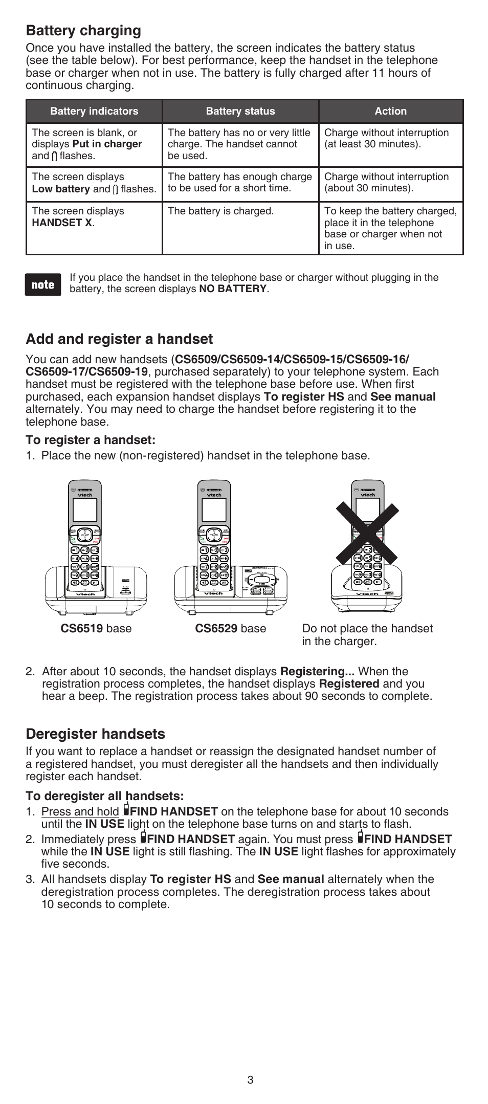 Add and register a handset, Deregister handsets, Battery charging | VTech CS6509_-14-15-16-17-19 Manual User Manual | Page 3 / 8