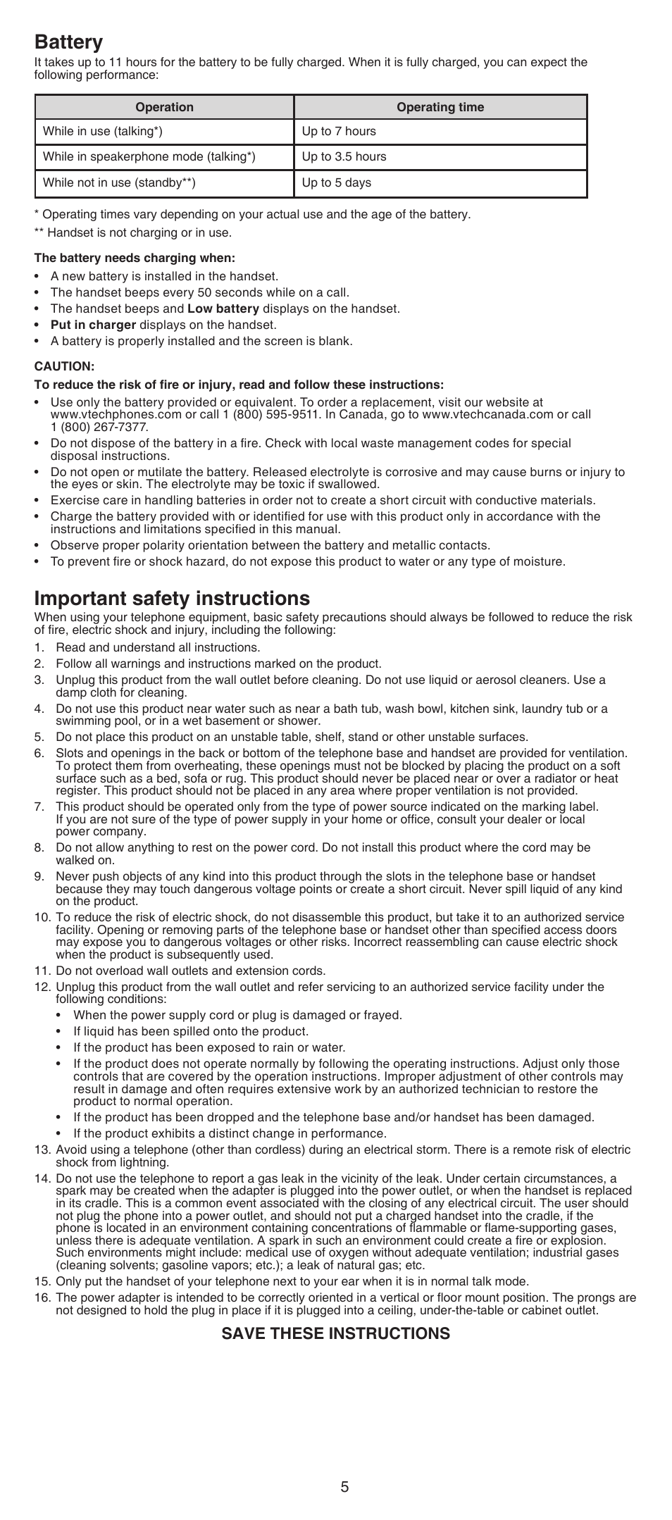 Battery, Important safety instructions, Save these instructions | VTech CS6509_-14-15-16-17-19 Manual User Manual | Page 5 / 8