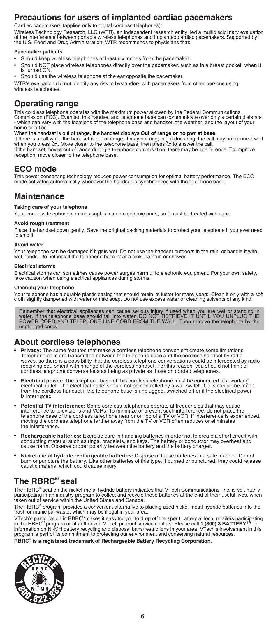 Operating range, Eco mode, Maintenance | About cordless telephones, The rbrc, Seal | VTech CS6509_-14-15-16-17-19 Manual User Manual | Page 6 / 8