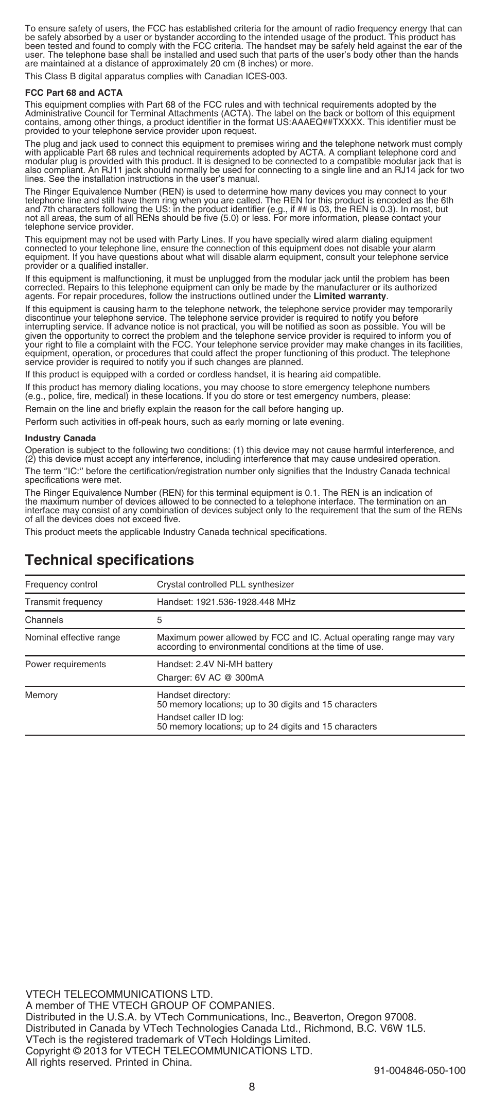 Technical specifications | VTech CS6509_-14-15-16-17-19 Manual User Manual | Page 8 / 8