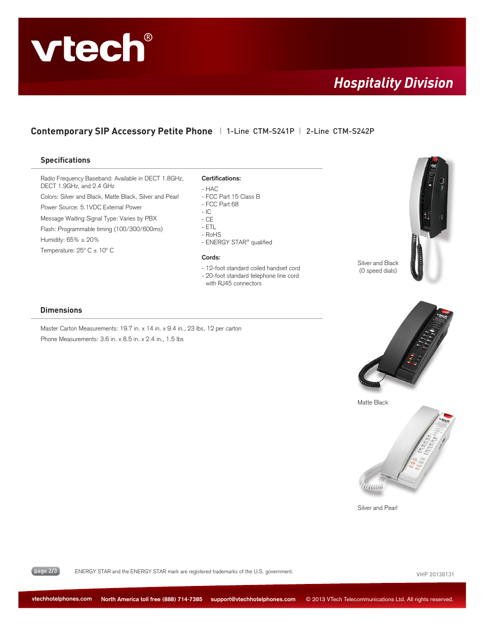 Contemporary sip accessory petite phone, Key features | VTech CTM-S242P Spec Sheets User Manual | Page 2 / 3