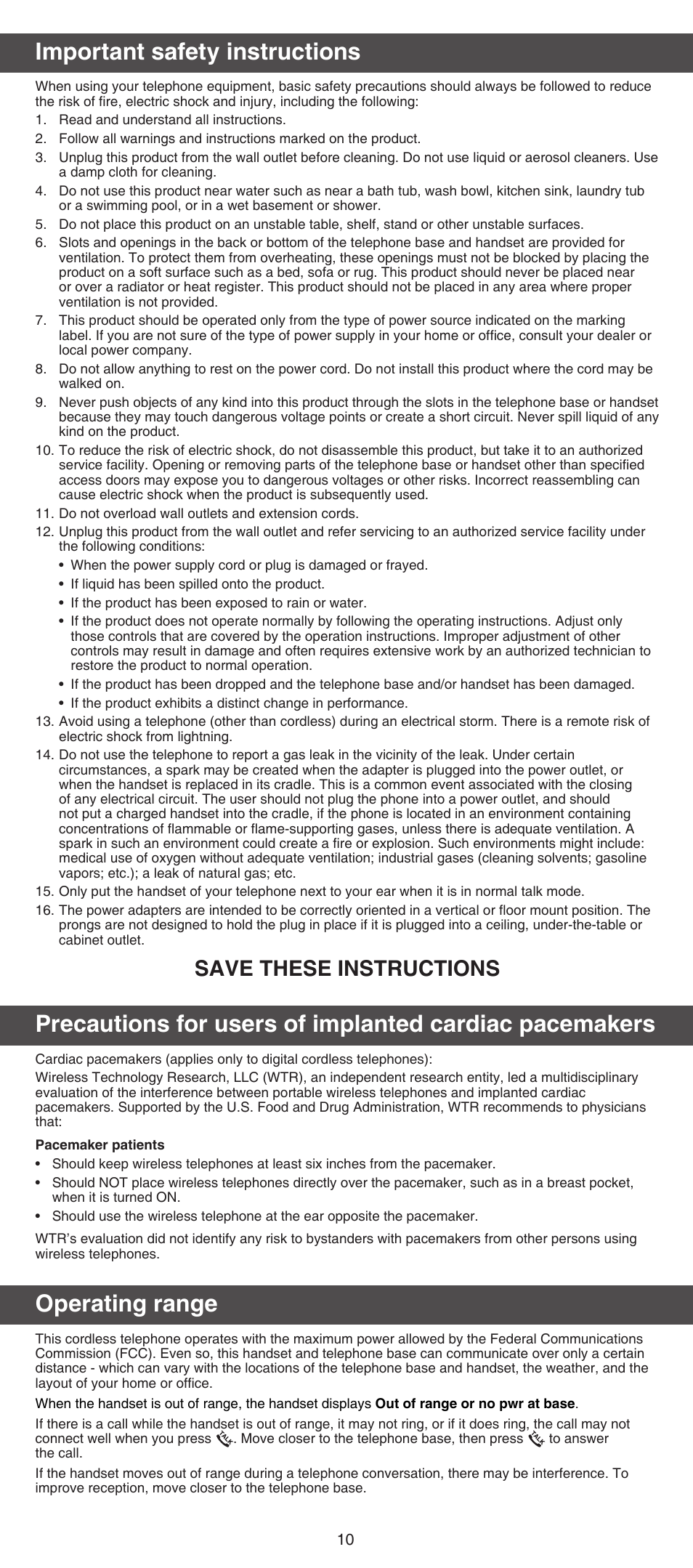 Important safety instructions, Operating range, Save these instructions | VTech CS6124_-2-31 (without CHARGE LED) Abridged manual User Manual | Page 10 / 14