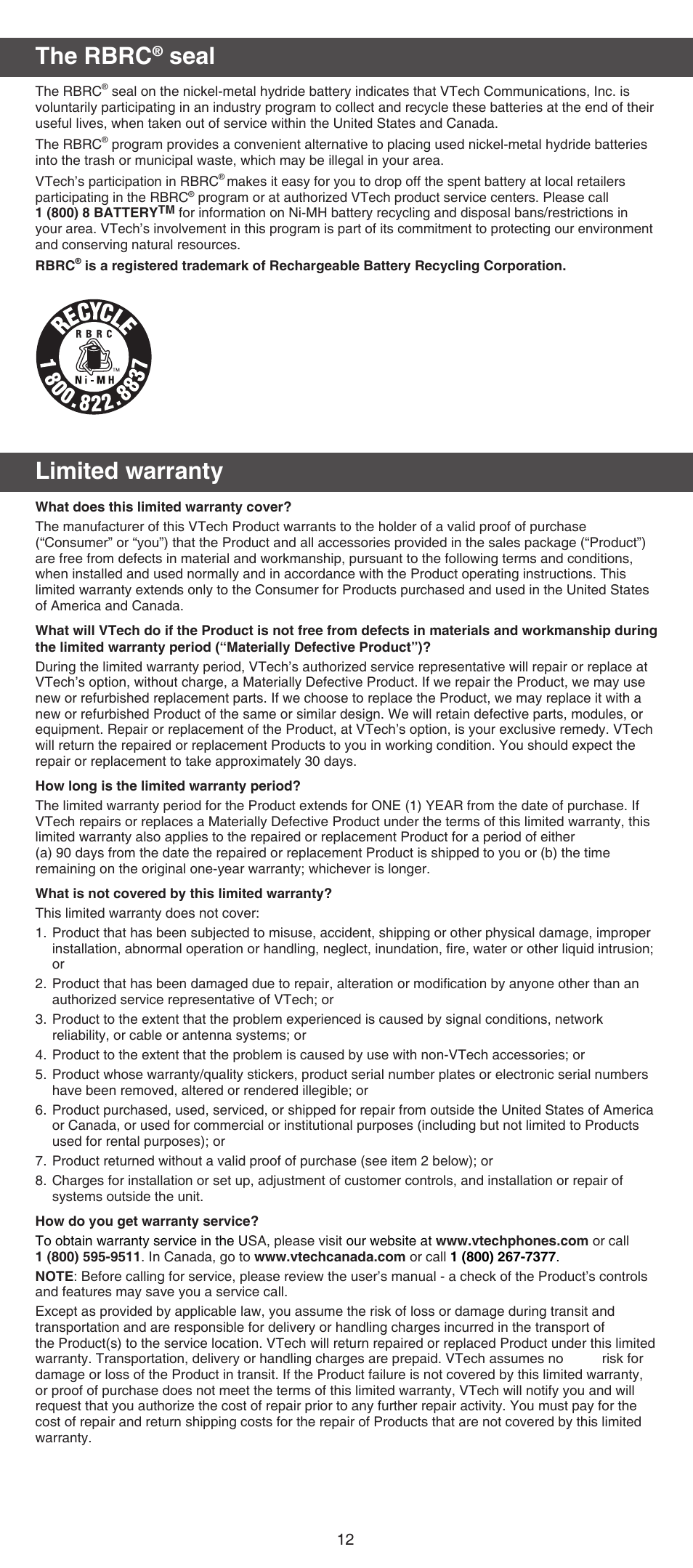 The rbrc, Seal, Limited warranty | VTech CS6124_-2-31 (without CHARGE LED) Abridged manual User Manual | Page 12 / 14