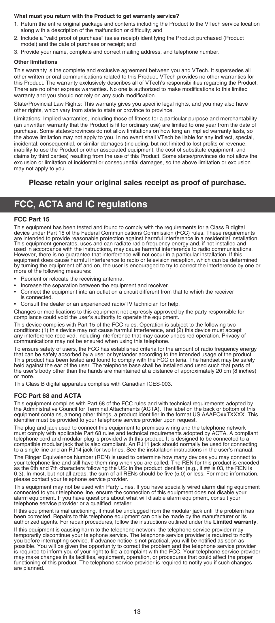 Fcc, acta and ic regulations | VTech CS6124_-2-31 (without CHARGE LED) Abridged manual User Manual | Page 13 / 14