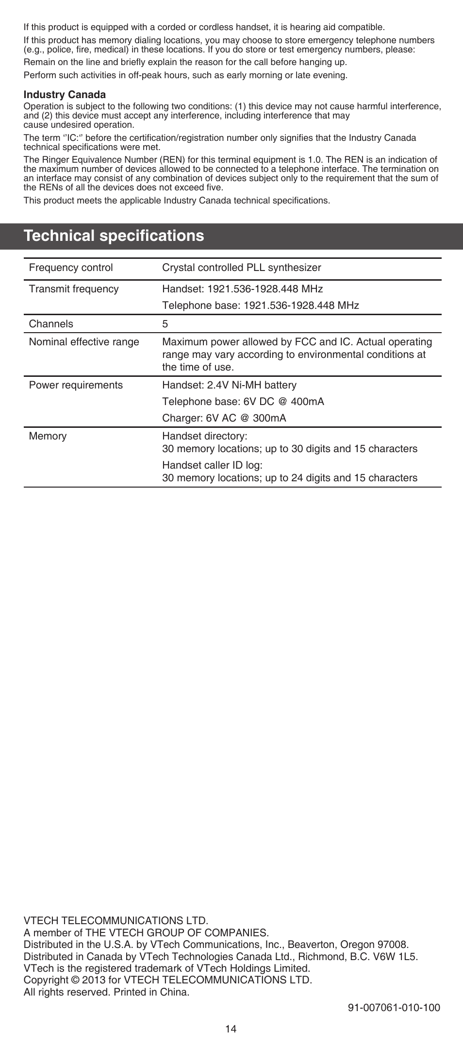 Technical specifications | VTech CS6124_-2-31 (without CHARGE LED) Abridged manual User Manual | Page 14 / 14