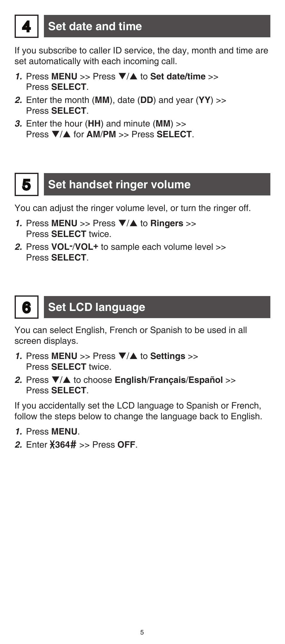 Set date and time, Set handset ringer volume, Set lcd language | VTech CS6124_-2-31 (without CHARGE LED) Abridged manual User Manual | Page 5 / 14