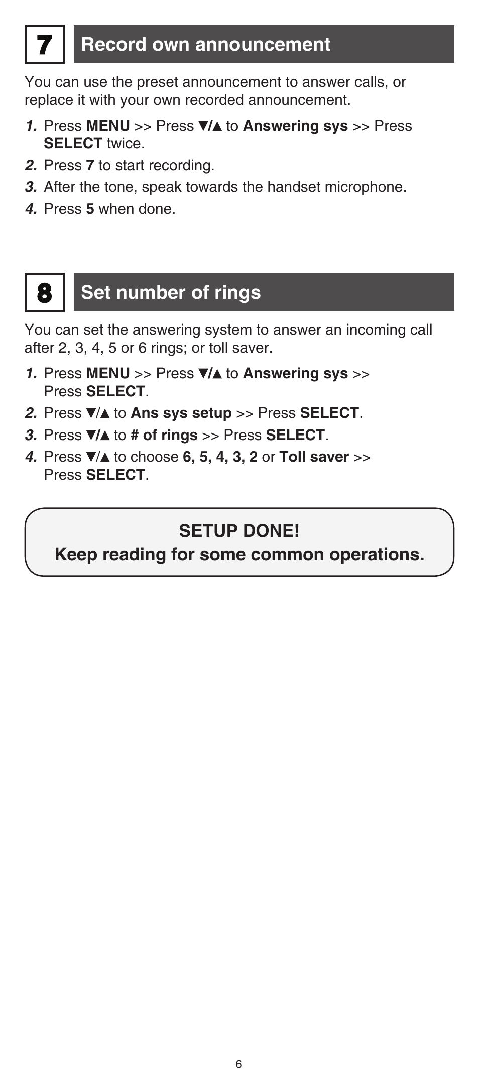 Set number of rings, Record own announcement | VTech CS6124_-2-31 (without CHARGE LED) Abridged manual User Manual | Page 6 / 14