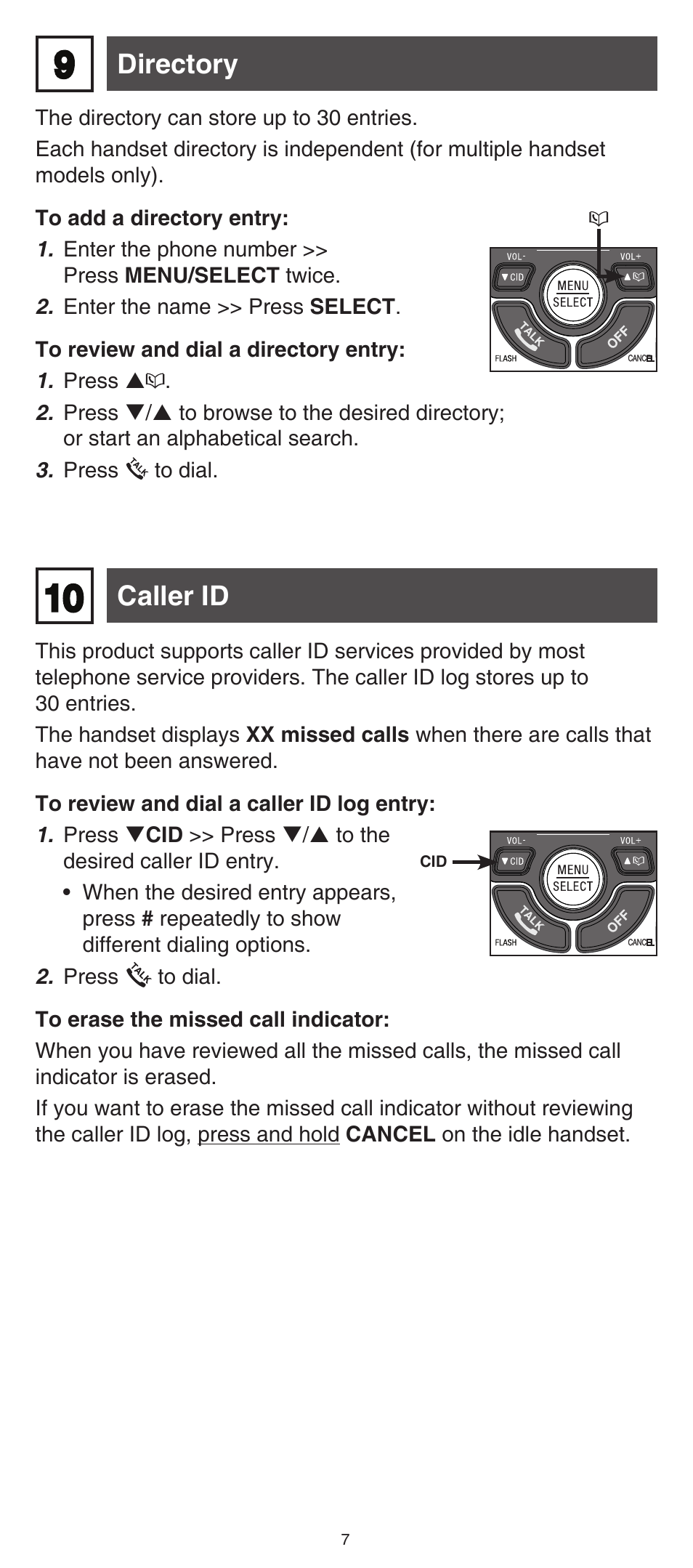 Caller id, Directory | VTech CS6124_-2-31 (without CHARGE LED) Abridged manual User Manual | Page 7 / 14