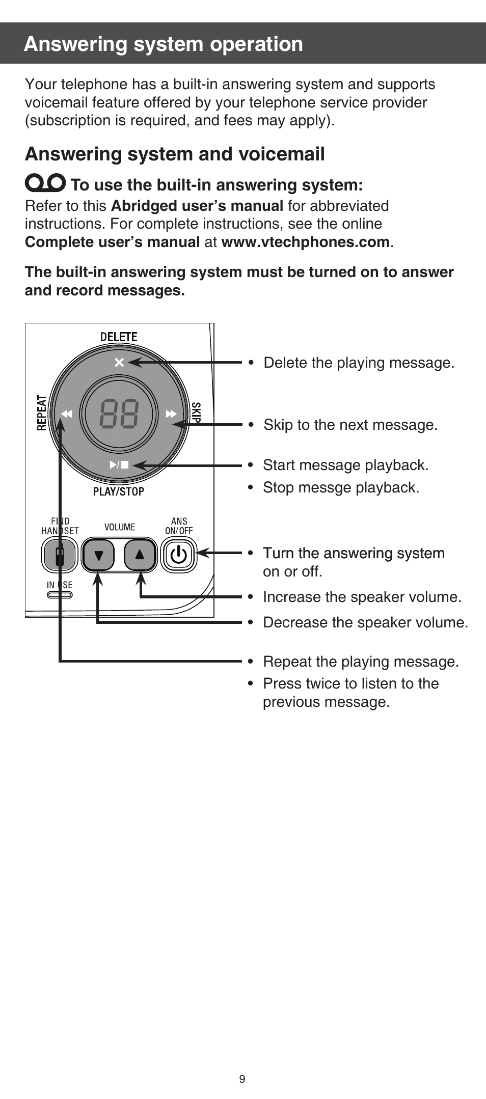 Answering system operation, Answering system and voicemail | VTech CS6124_-2-31 (without CHARGE LED) Abridged manual User Manual | Page 9 / 14