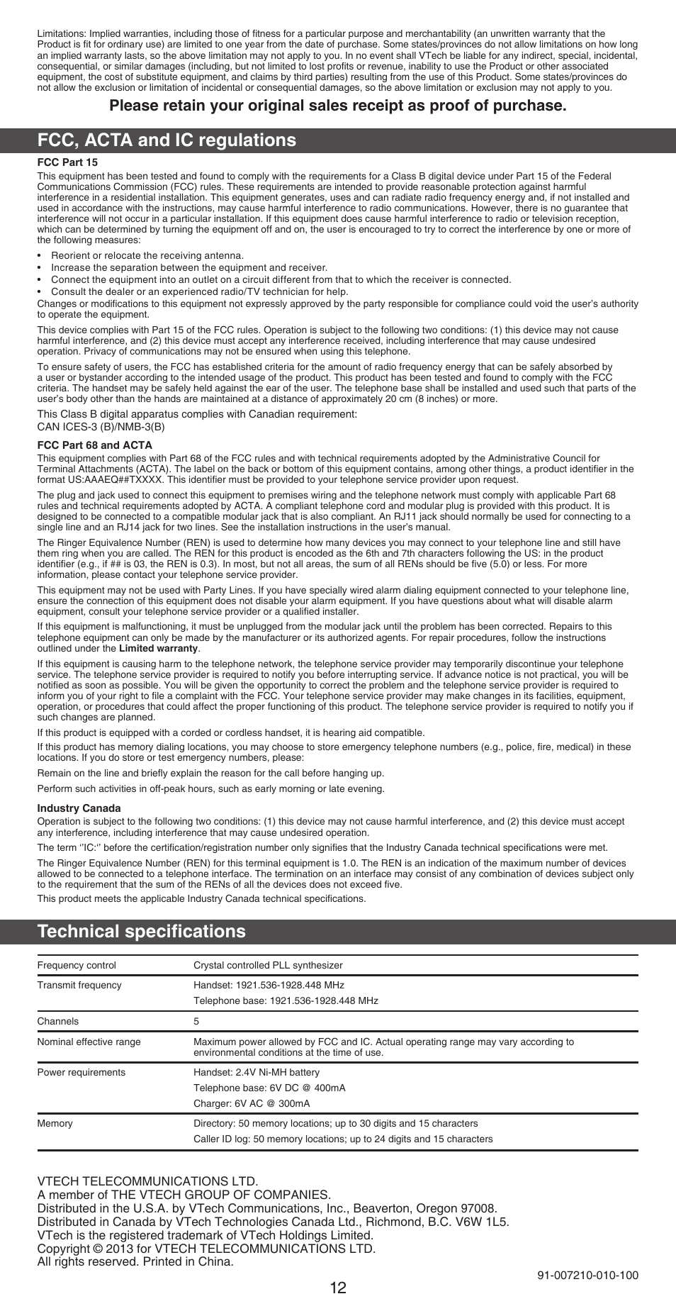 Fcc, acta and ic regulations, Technical specifications | VTech TR27-2013 Abridged manual User Manual | Page 12 / 12