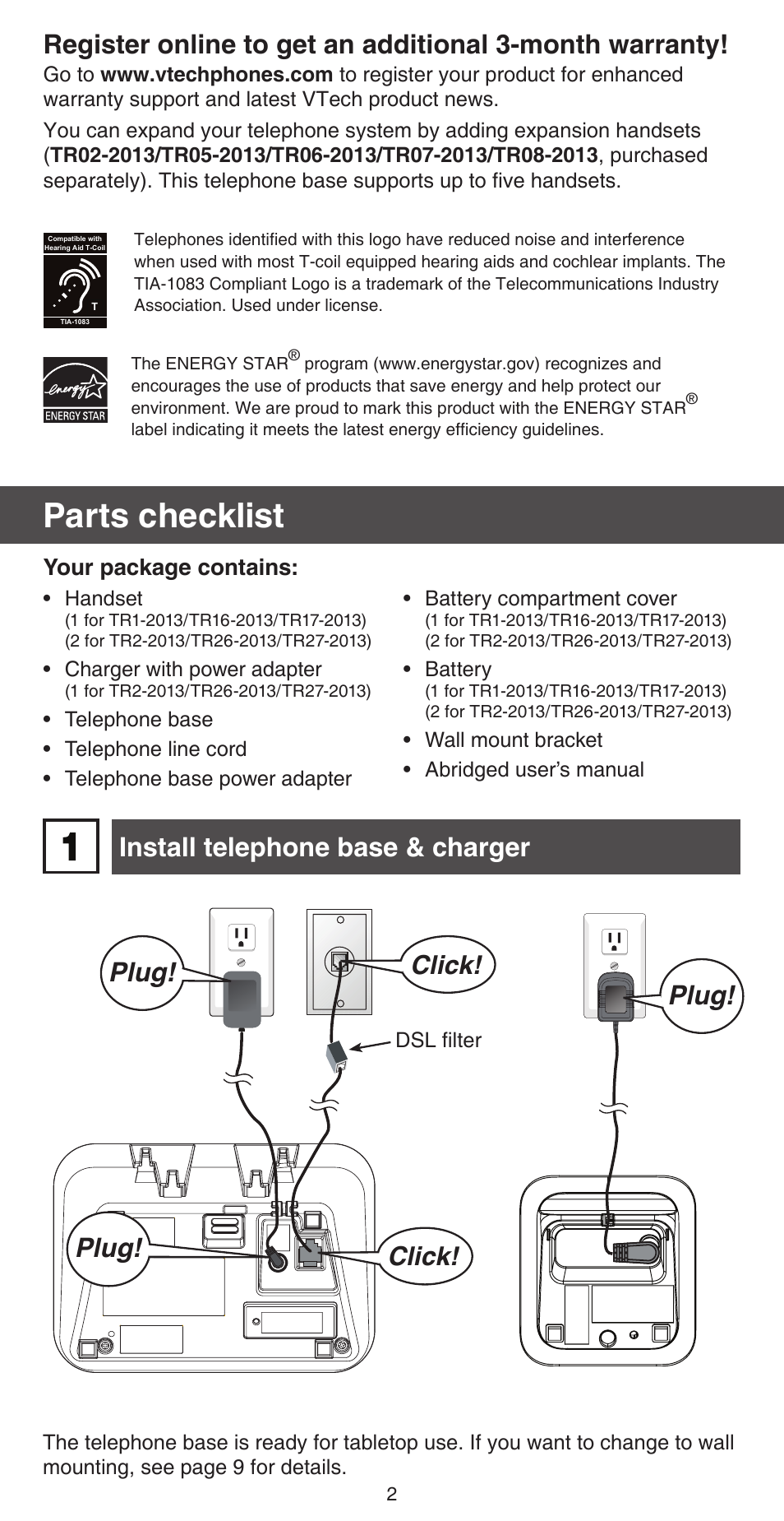 Parts checklist, Install telephone base & charger, Plug | Click | VTech TR27-2013 Abridged manual User Manual | Page 2 / 12