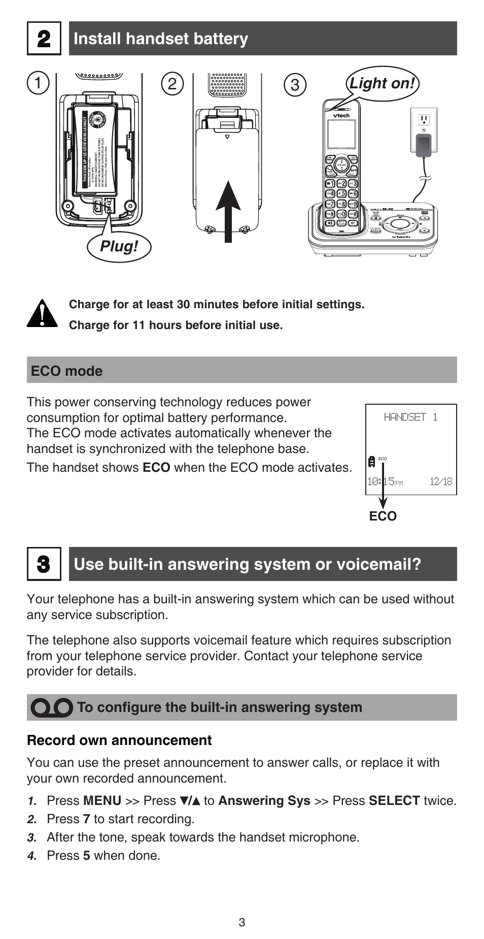 Install handset battery, Use built-in answering system or voicemail, Light on | Plug, Eco mode, Record own announcement | VTech TR27-2013 Abridged manual User Manual | Page 3 / 12