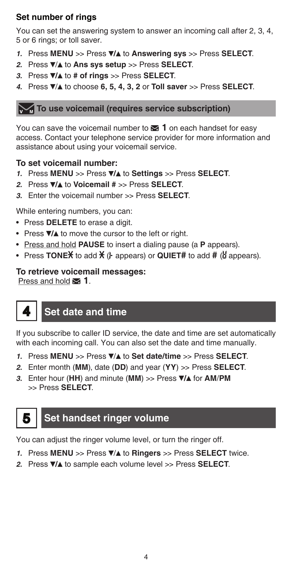 Set date and time, Set handset ringer volume | VTech TR27-2013 Abridged manual User Manual | Page 4 / 12
