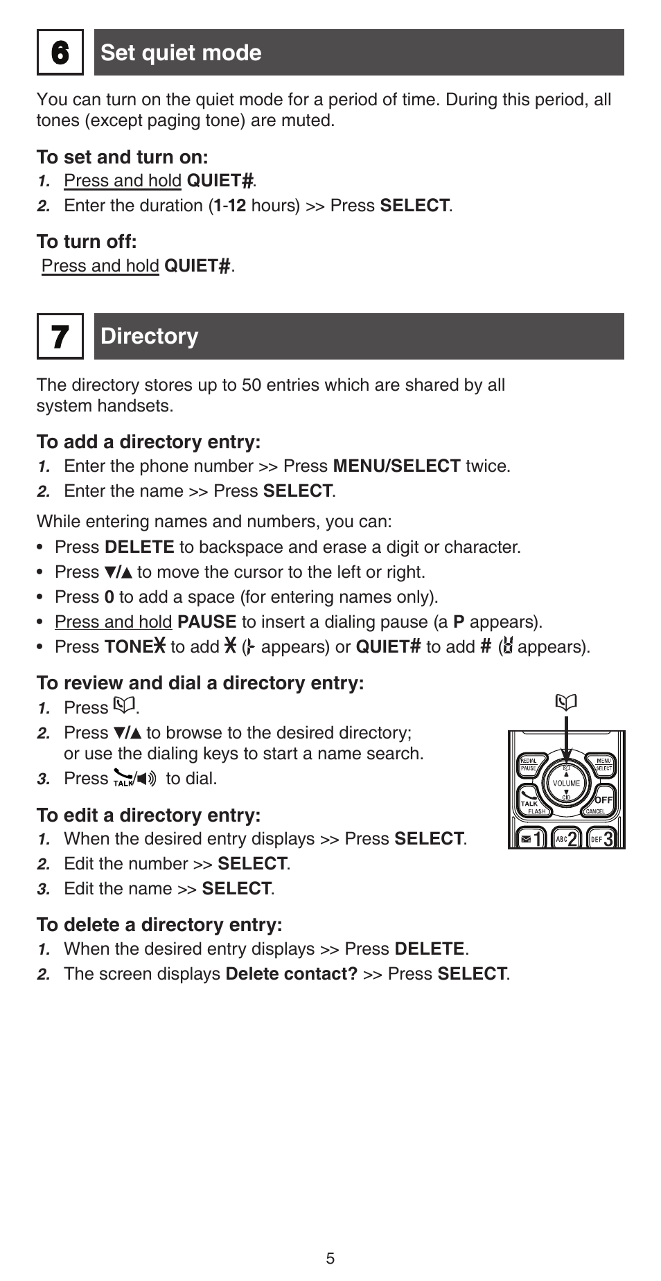 Directory, Set quiet mode | VTech TR27-2013 Abridged manual User Manual | Page 5 / 12