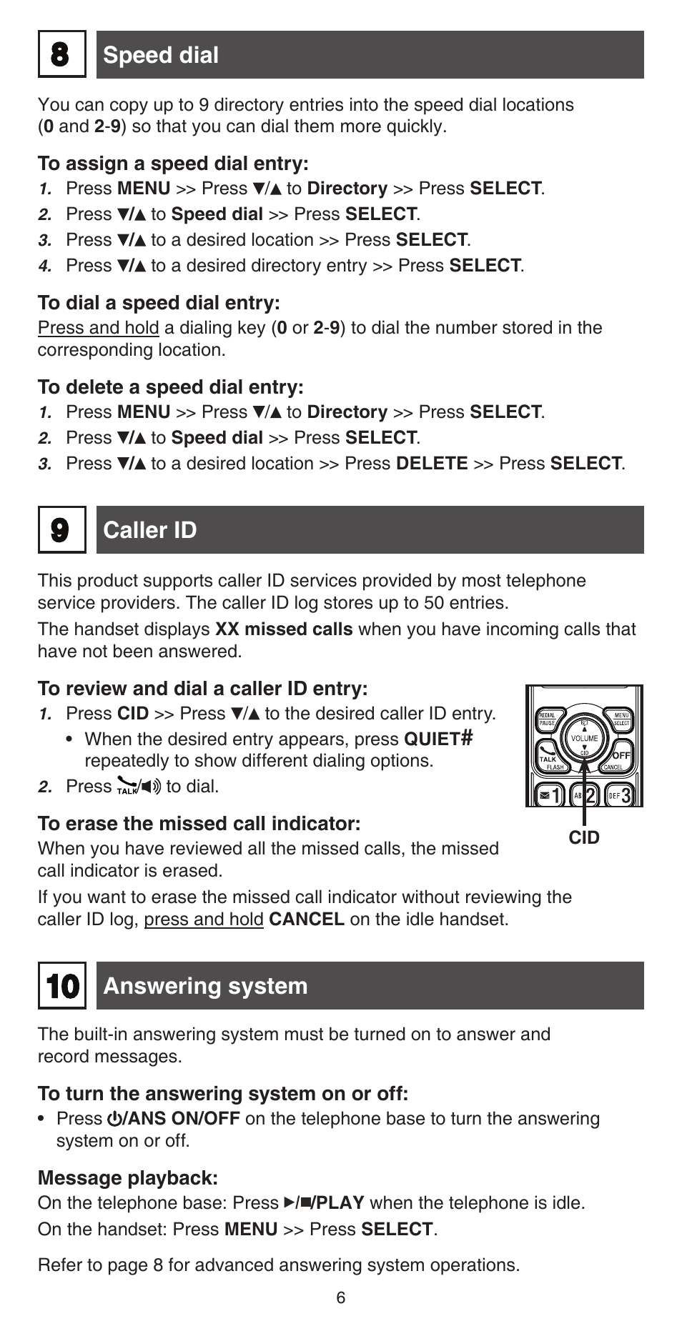 Caller id answering system, Speed dial | VTech TR27-2013 Abridged manual User Manual | Page 6 / 12