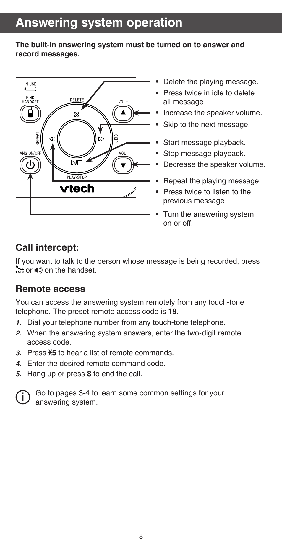 Answering system operation, Call intercept, Remote access | VTech TR27-2013 Abridged manual User Manual | Page 8 / 12