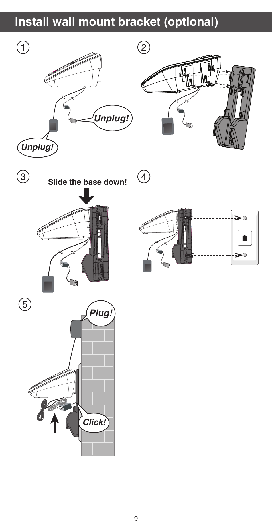 Install wall mount bracket (optional) | VTech TR27-2013 Abridged manual User Manual | Page 9 / 12