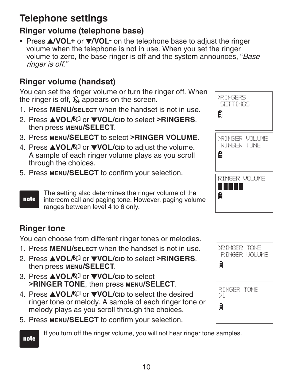 Telephone settings, Ringer volume (handset), Ringer tone | Ringer volume (telephone base) | VTech CS6329_-2-3-4-5 Manual User Manual | Page 14 / 71