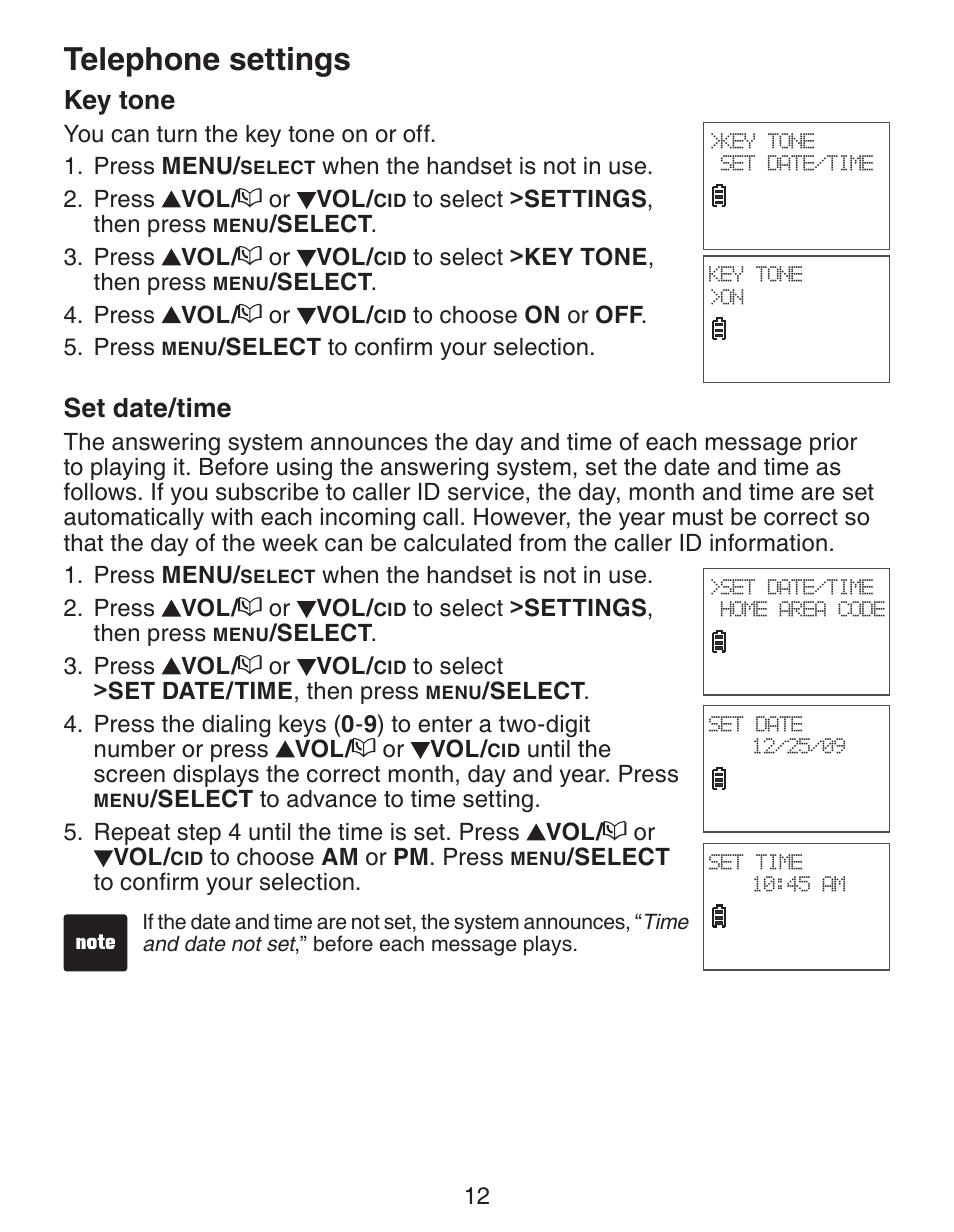 Telephone settings, Key tone, Set date/time | VTech CS6329_-2-3-4-5 Manual User Manual | Page 16 / 71
