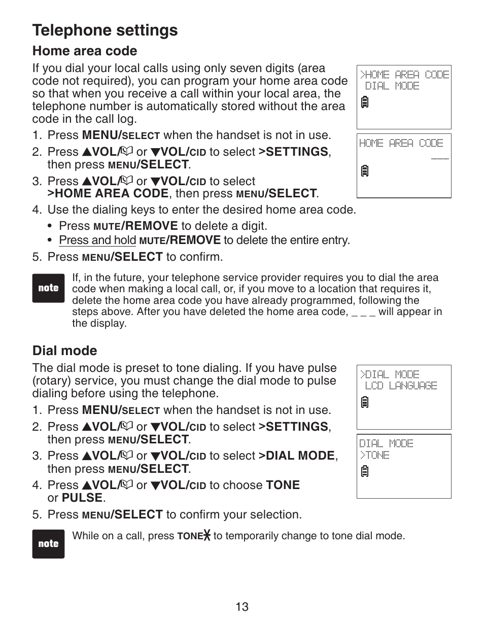 Telephone settings, Dial mode, Home area code | VTech CS6329_-2-3-4-5 Manual User Manual | Page 17 / 71