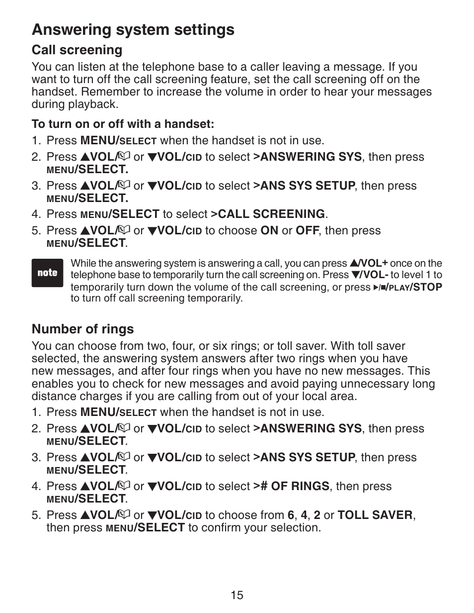 Answering system settings, Call screening, Number of rings | VTech CS6329_-2-3-4-5 Manual User Manual | Page 19 / 71