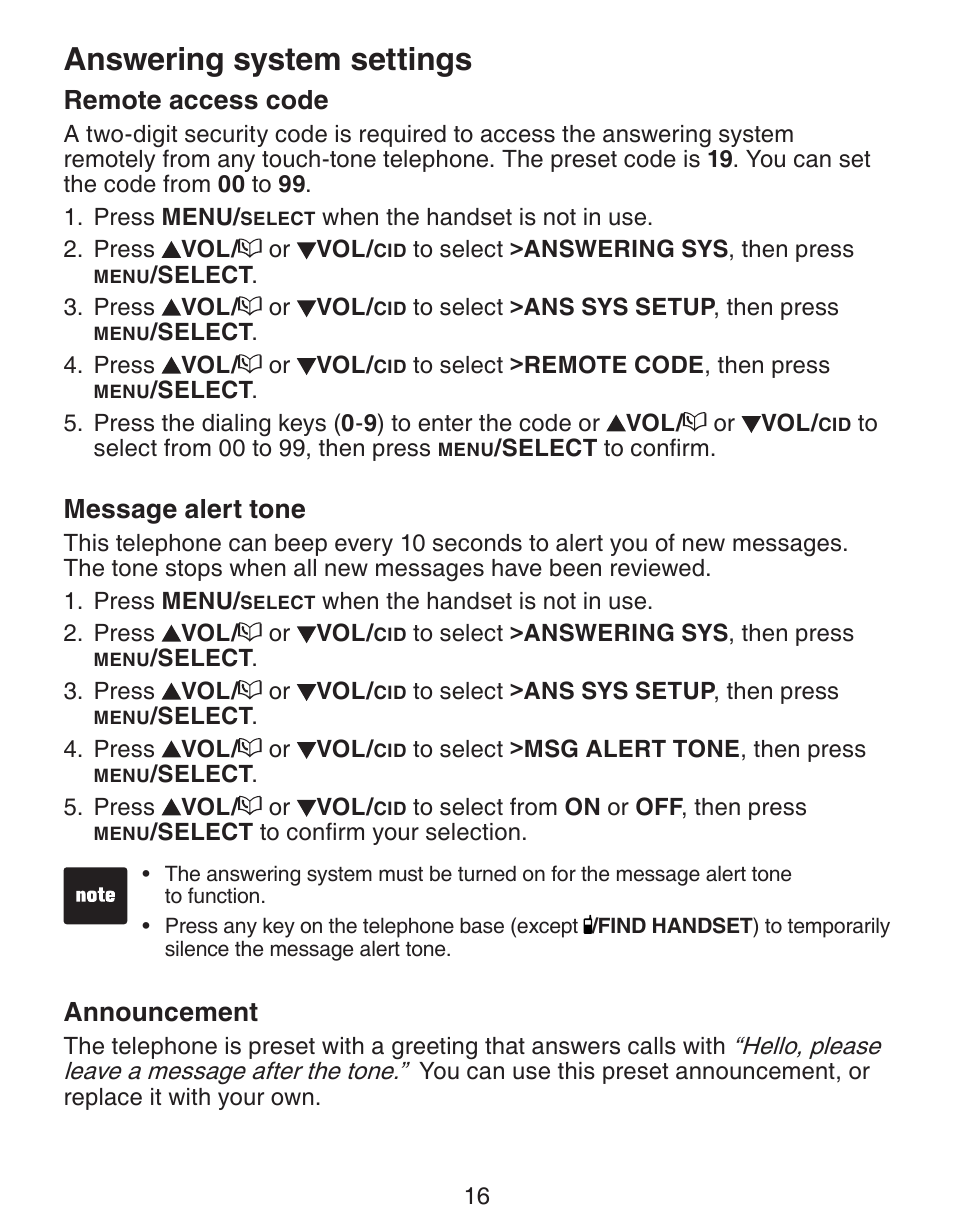 Answering system settings, Remote access code, Message alert tone | Announcement | VTech CS6329_-2-3-4-5 Manual User Manual | Page 20 / 71