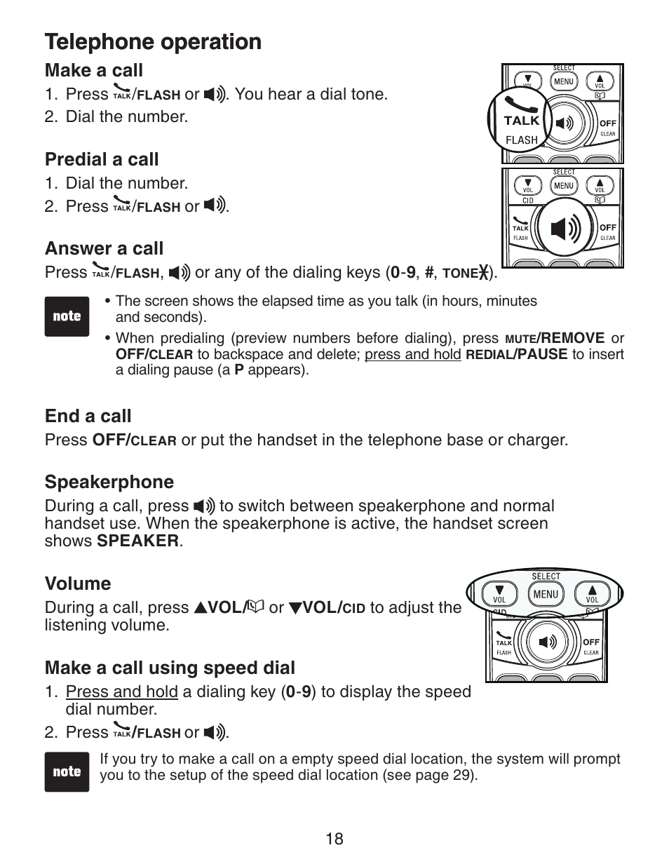 Telephone operation, Make a call, Predial a call | Answer a call, End a call, Speakerphone, Volume, Make a call using speed dial | VTech CS6329_-2-3-4-5 Manual User Manual | Page 22 / 71